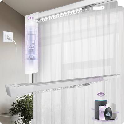 Smart Curtain System, Retractable Motorized Curtain Rail Compatible with Alexa Google (77" to 141" Width),White