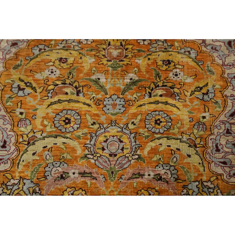 Hand Knotted Traditional Silk Orange Floral Area Rug - 3' 3'' X 2' 5''
