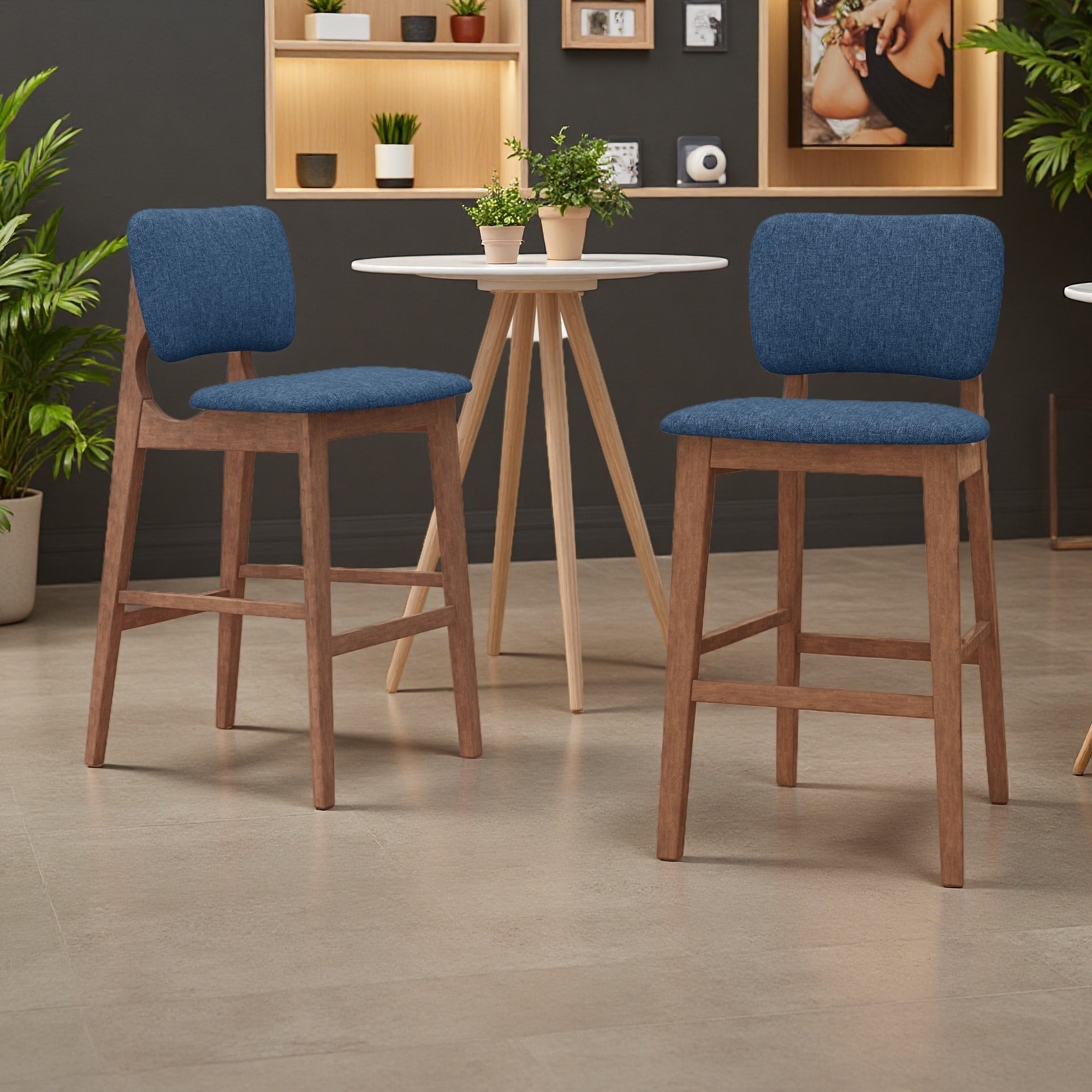 42.37"H Set of 2 Rubberwood Mid-Century Modern Barstool with Tapered Legs & Minimalist Wood Frame
