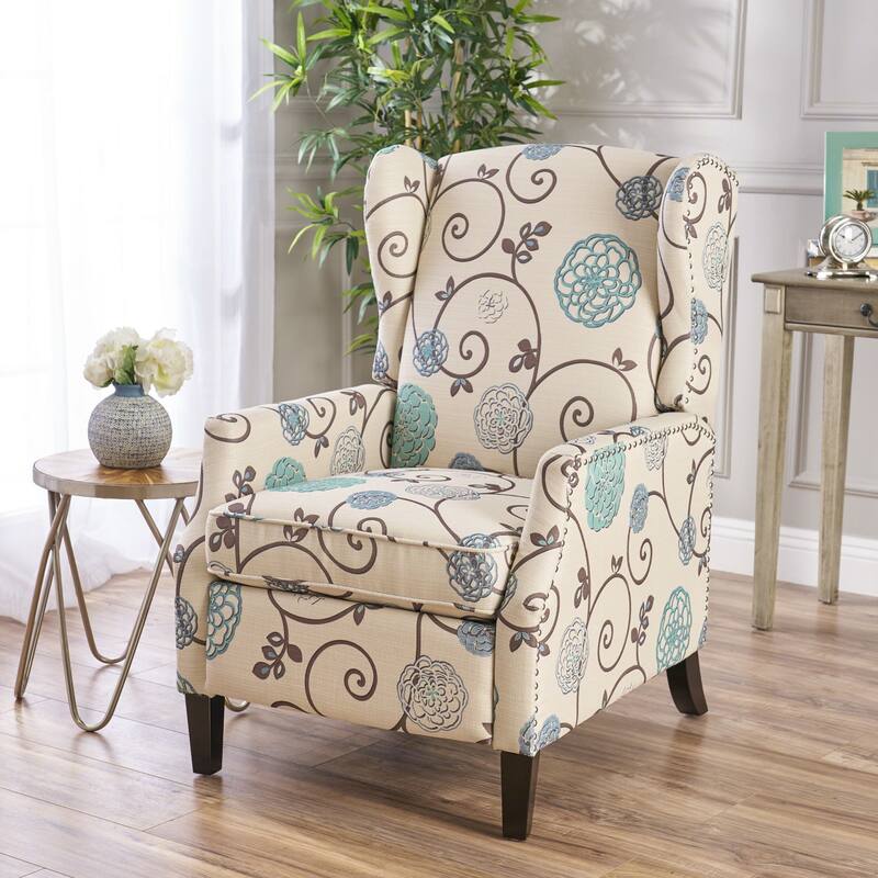 Roomfitters Floral Push-Back Recliner Chair with Wingback Design, Tapered Wood Legs
