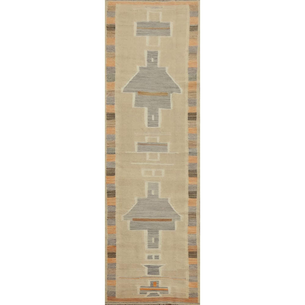 Hand Woven Oriental 100% Wool Carpet Southwestern Tribal Beige & Ivories Kilim Runner Rug - 11' 0'' X 2' 6''