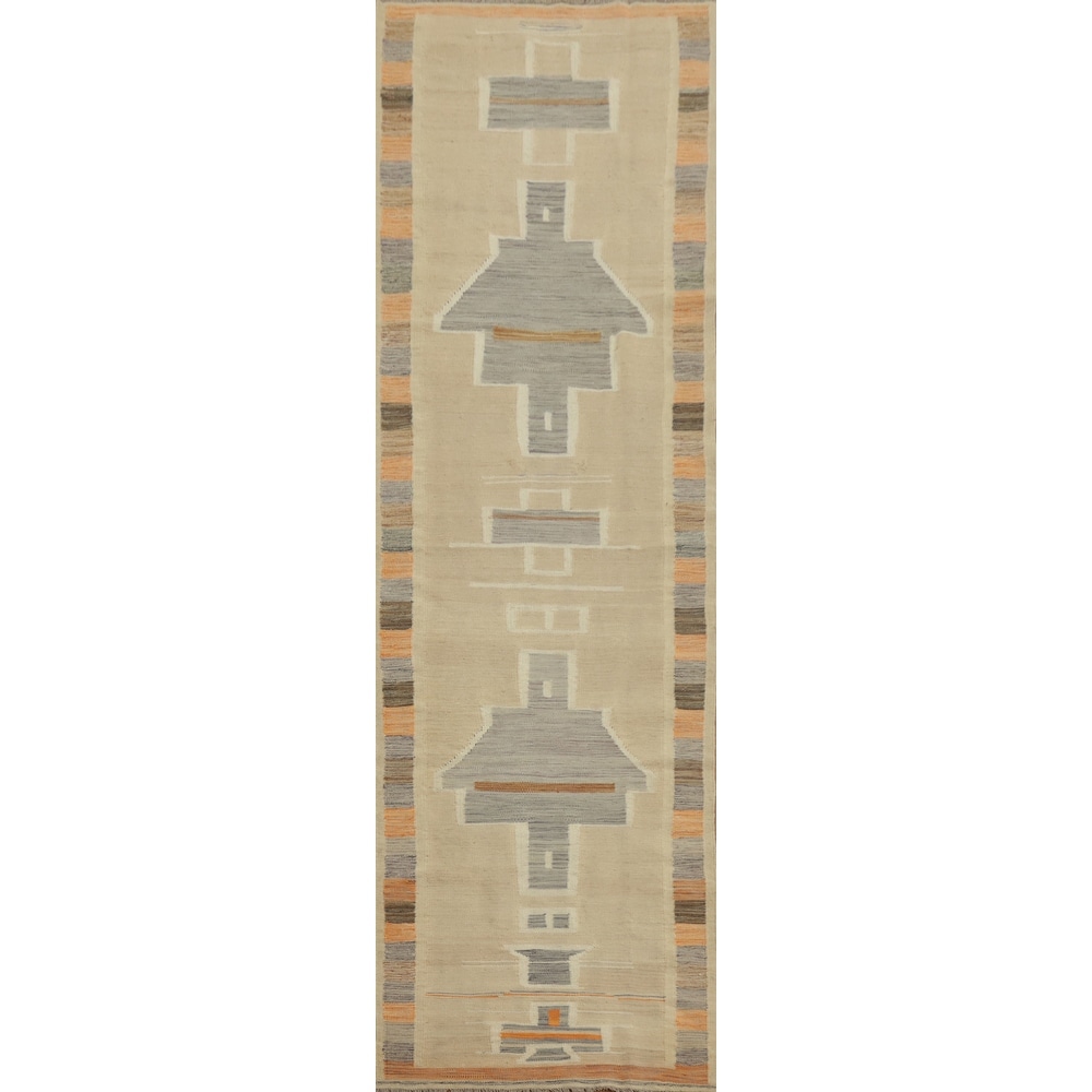Hand Woven Oriental 100% Wool Carpet Southwestern Tribal Beige & Ivories Kilim Runner Rug - 11' 0'' X 2' 6''