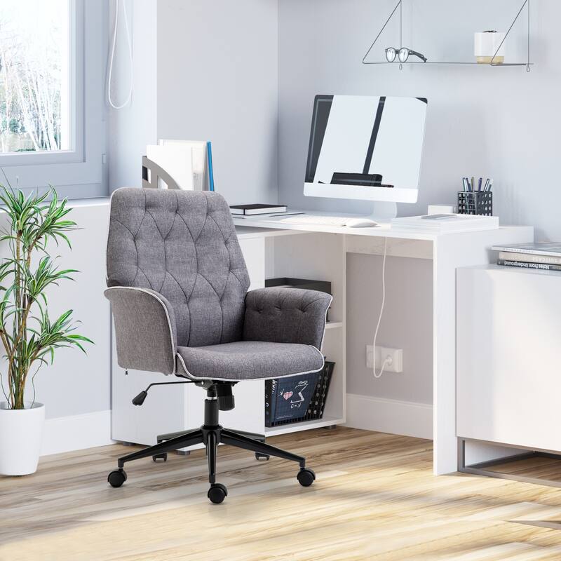 Comfortable and Adjustable Linen Office Chair with Swivel Wheels and Armrests