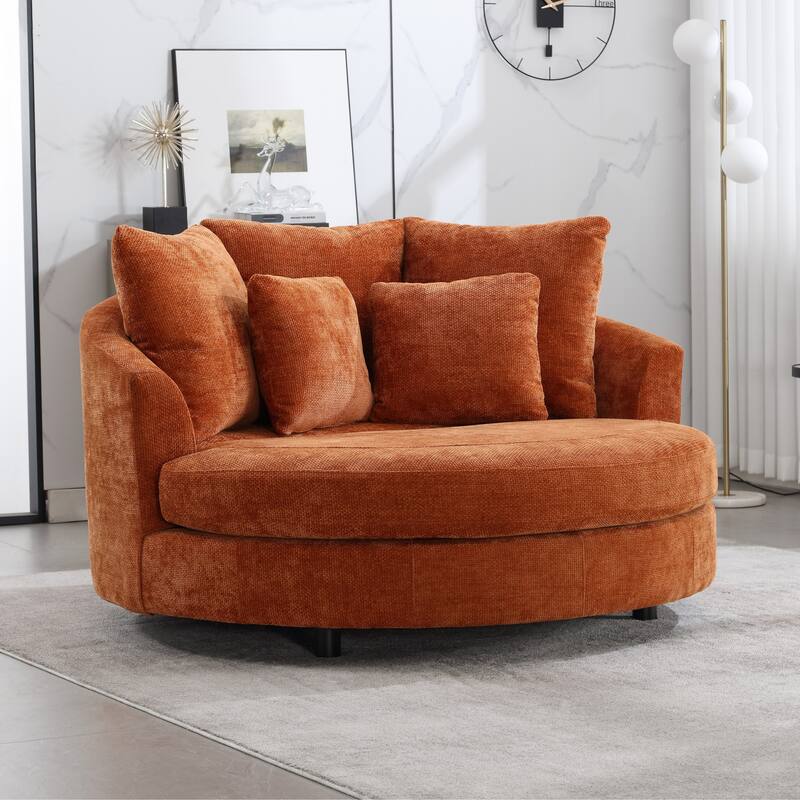 Modern Sofa Chair Round Accent Barrel Chair With 5 Pillows and Storage Ottoman - Chair/Burnt orange/Chenille