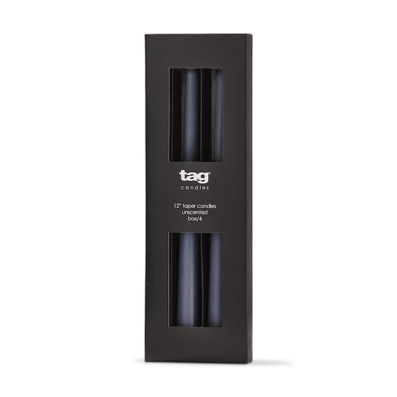 Color Studio 12" Traditional Taper Unscented Smokeless Paraffin Wax Candle Slate Blue, Set of 4, Burn Time 8 hrs.