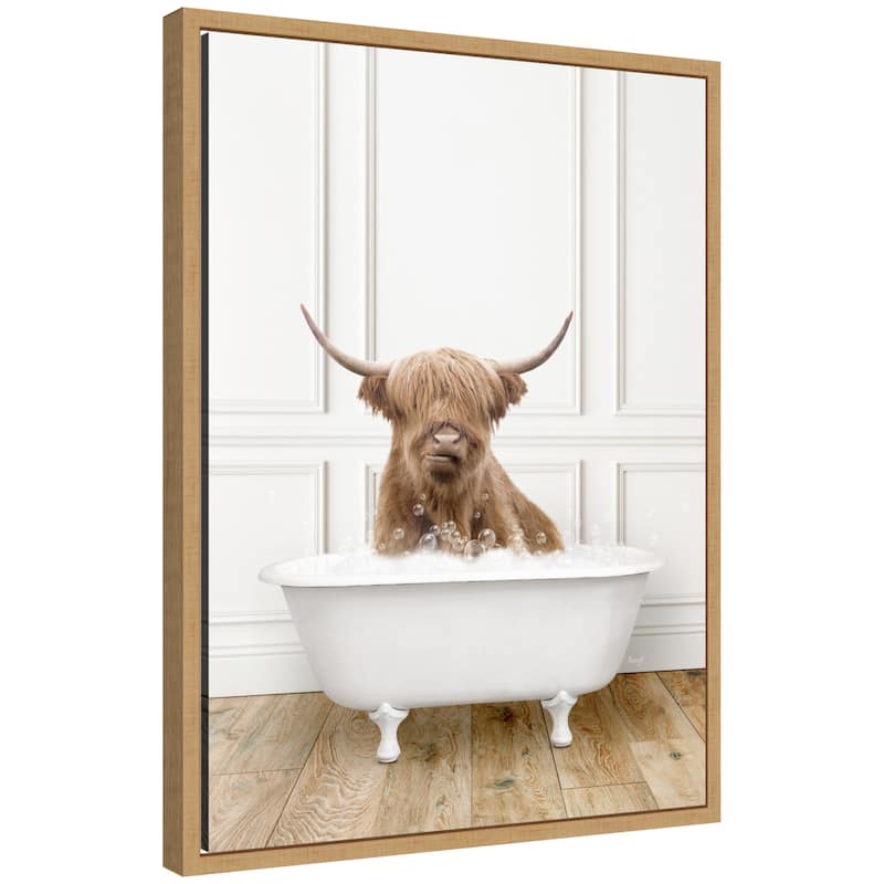Kate and Laurel Sylvie Highland Cow in Traditional Vintage Bathtub Framed Canvas by Amy Peterson - Natural