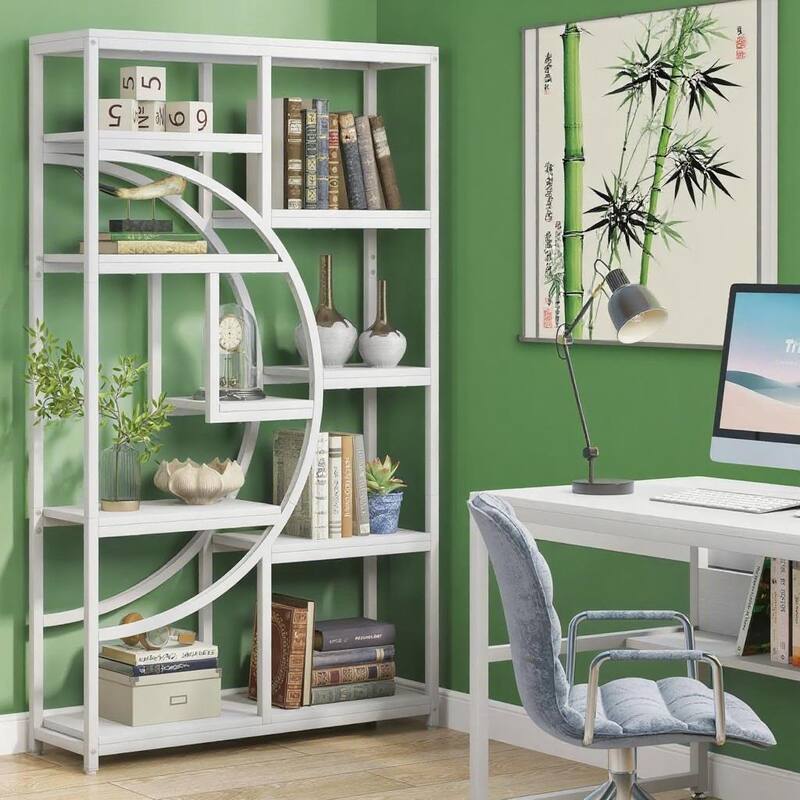 69" Tall Geometric Bookcase with 9 Open Shelves Metal Frame and Marble Laminate Top for Living Room - 37.4”L x 11.81”W x 68.89”H