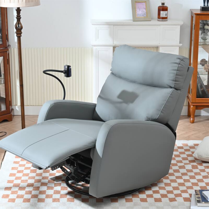 Swivel Recliner Chair with Phone Holder, PU Leather Upholstered Glider Rocking Chair, Small Recliner with Retractable Footstool