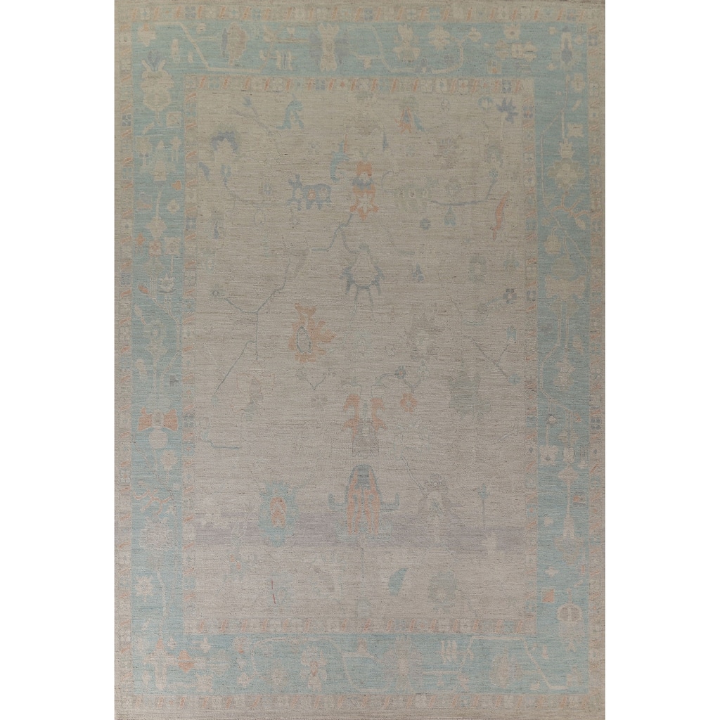 Transitional Beige Oushak Turkish Rug Handmade Floral Wool Carpet - 10'0"x13'7"