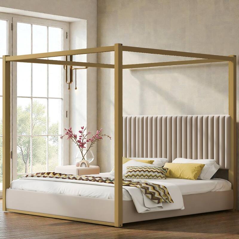 Upholstered Canopy Platform Bed with Headboard, Metal Frame Queen King Bed, No Box Spring Needed - Beige - King