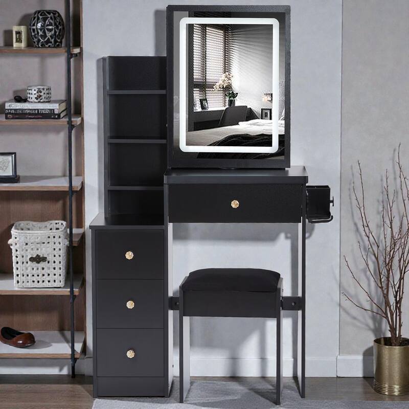 Small Vanity Table with Sliding LED Mirror, 2 AC & 2 USB Charging Station, Hair Dryer Holder & Stool for Bedroom - Black