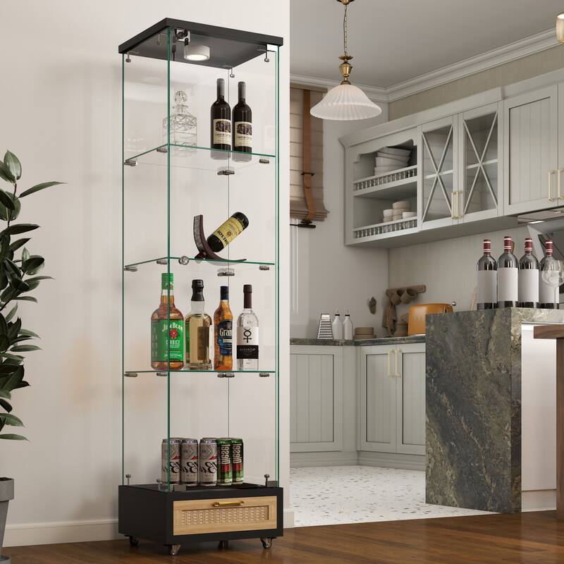 Glass Display Cabinet With Drawer,Cabinet With Led Lights,Tempered Glass Bookshelf, 1-Door Storage Case With 4 Shelves - Black