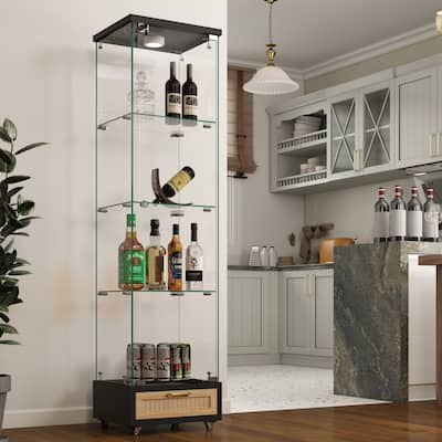 Glass Display Cabinet With Drawer,Cabinet With Led Lights,Tempered Glass Bookshelf, 1-Door Storage Case With 4 Shelves