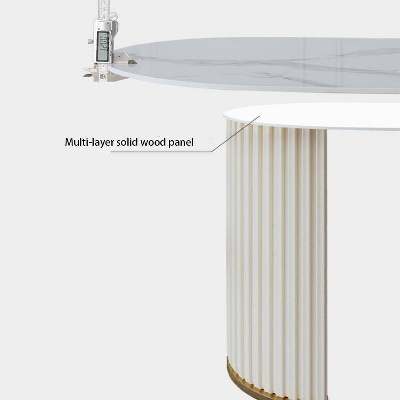 Modern Minimalist White Oval Dining Table with Glossy Sintered Stone Tabletop, Roman Column Frame Table Legs