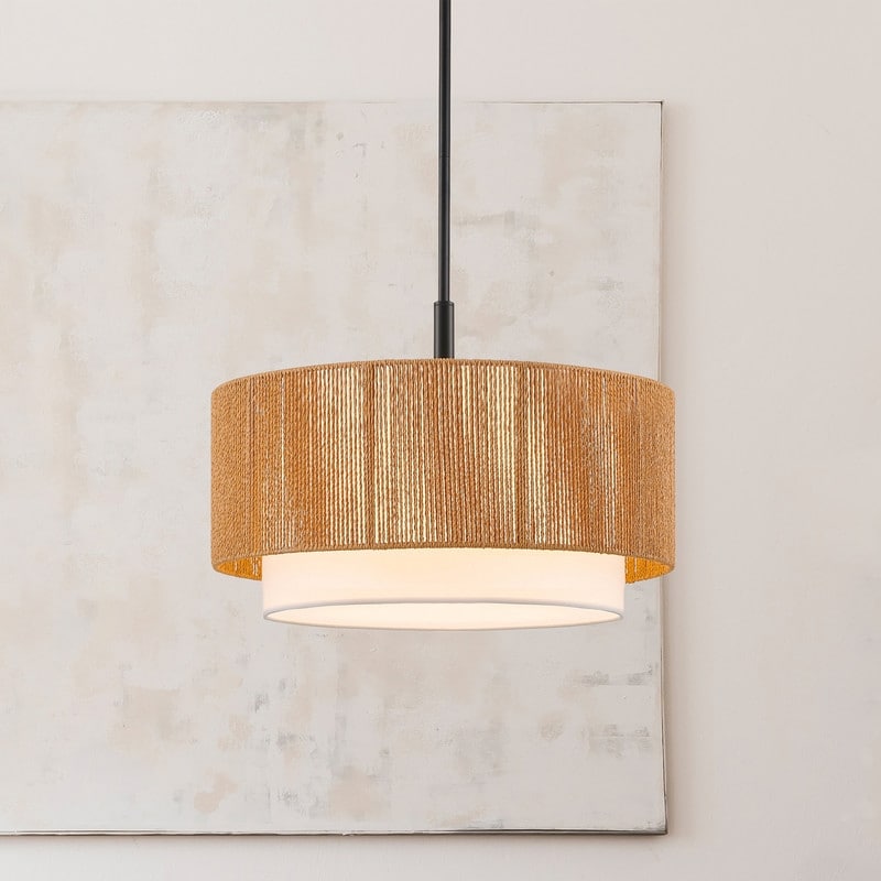 KAWOTI Adjustable Height Pendant Light with Rattan Shade