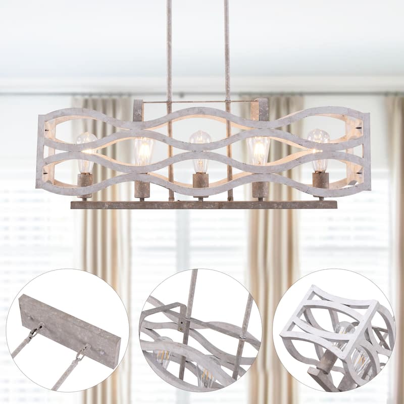 CurveCurio Rustic Wood Chandelier, 5 Lights, White Distressed Fixture for Bedroom and Living Room