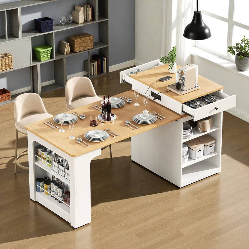 59.5" Kitchen Island with Extendable Table, Double-Sided Storage, Power Outlet, Drawers and Shelves