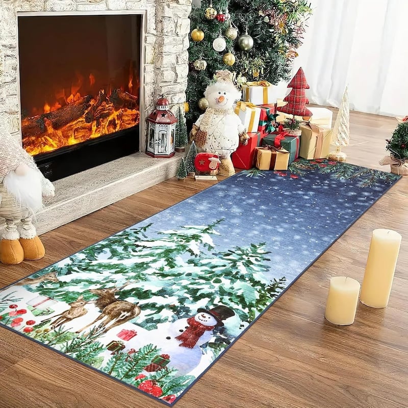 Christmas Eve Blue Xmas Area Rug, for Living Room Bedroom Office Holiday Decor - 2*8ft
