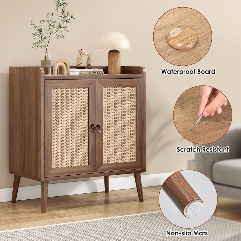 Sideboard Buffet Cabinet with Storage, Bar Liquor Cabinet with Rattan Decorated Doors, Credenza Console Tablefor Dining Room