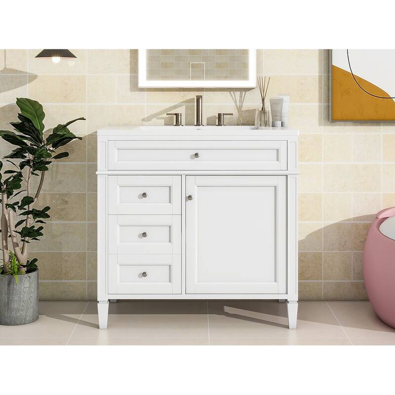 Modern Bathroom Vanity with Amber Storage, Ceramic Sink, 3 Drawers, Tip-Out Drawer, and Concealed Storage