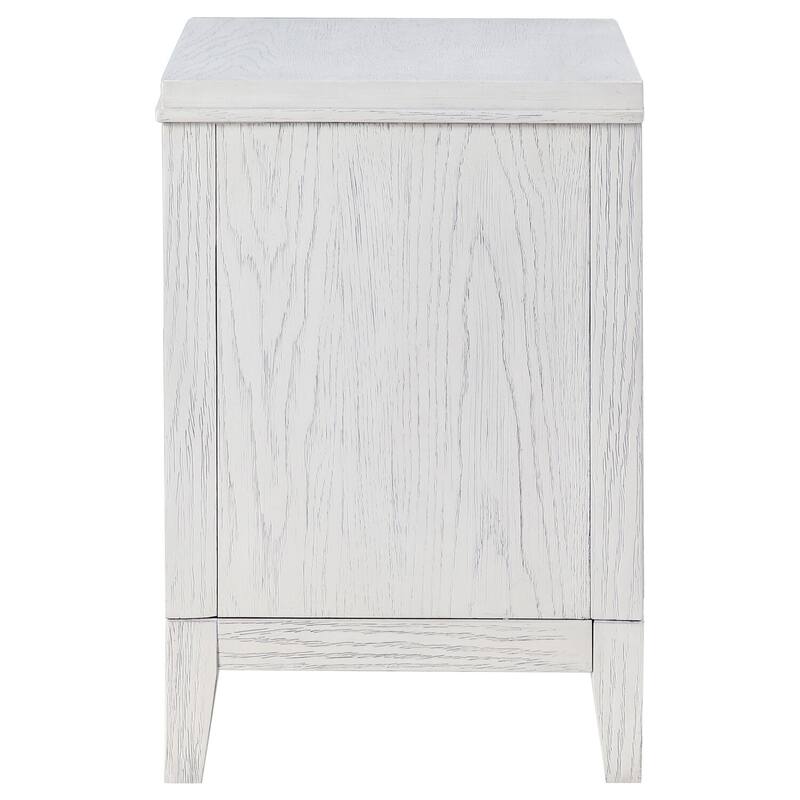 Distressed White 2-Drawer Nightstand with Stepped Fronts, Antique Brass Pulls and Casual Modern Bedroom Design