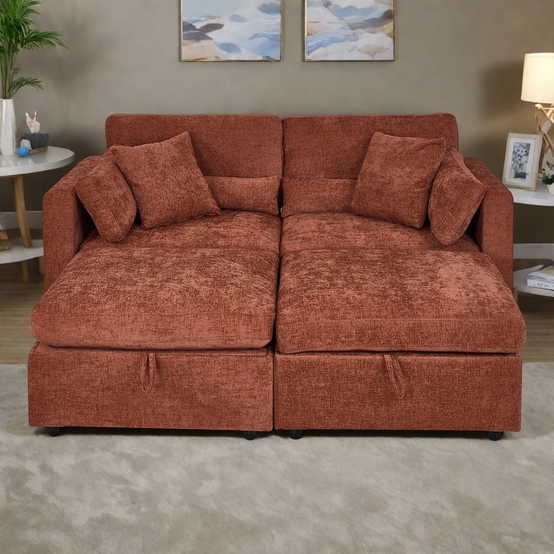 Chenille Modular Sectional Sofa with Dual Ottomans, Right-Arm Chaise and 500lb Weight Capacity - Brown