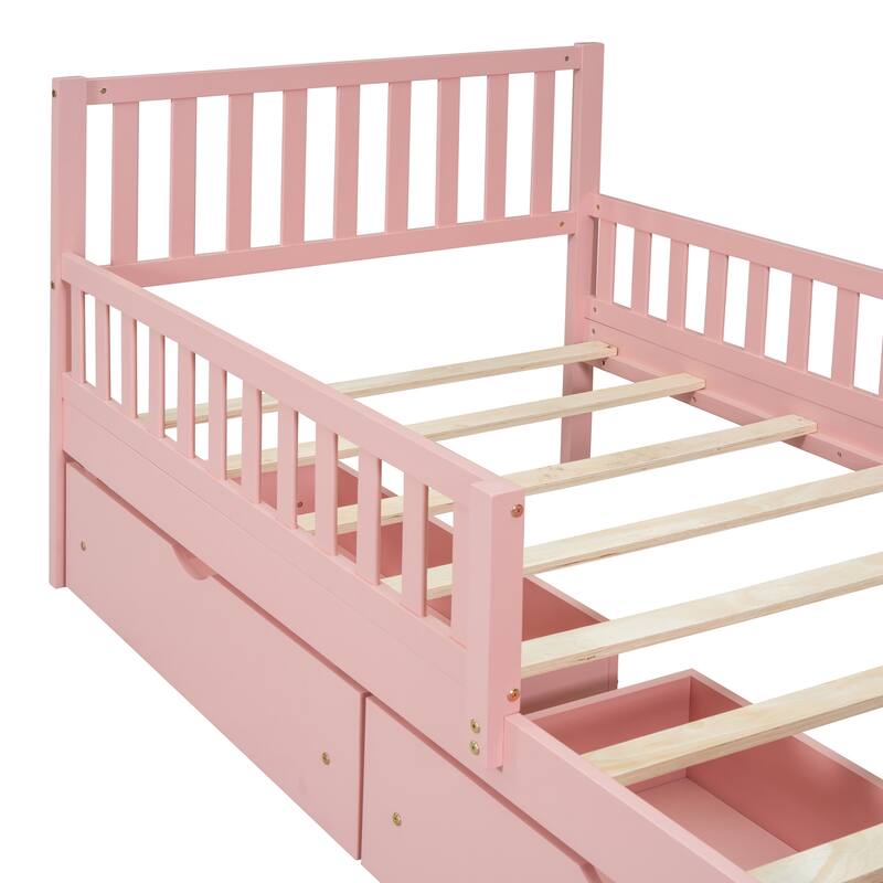Wood Twin/Full Size Wood Platform Bed with Guardrails on Both Sides and Two Storage Drawers