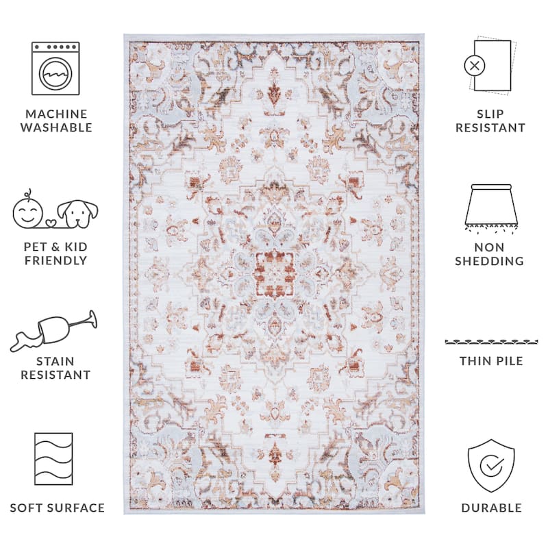 SAFAVIEH Tucson Machine Washable Slip Resistant Theodora Oriental Medallion - 5' x 8' - Beige/Grey - Rectangle