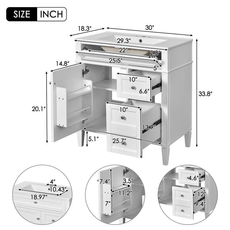 30 Inch Bathroom Vanity with Ceramic Top, 2 Storage Drawers, Tip-Out Tray, Solid Wood Frame Cabinet