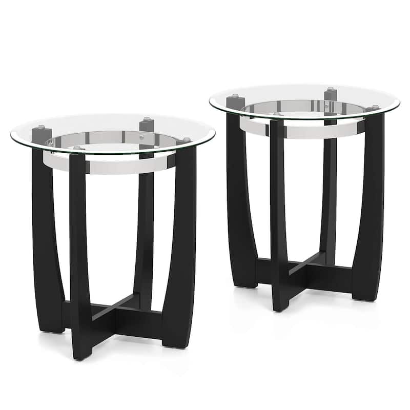 Costway 1/2 PCS 24" Round Side Table Glass End Table with Tempered - See Details - Black-2 PCS