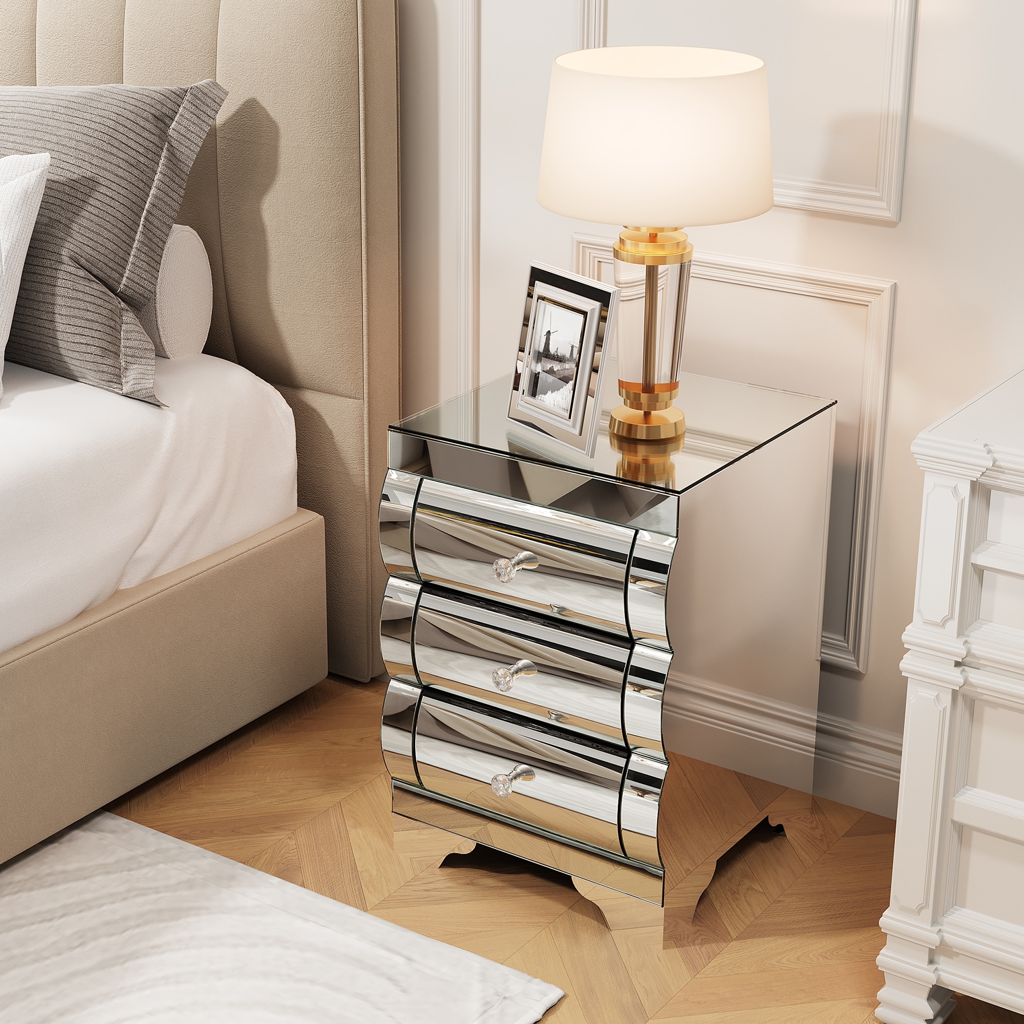 Baked curved mirror Nightstand with 3 Drawer Glass Bedside Table Chest of Drawers for Bedroom Small Spaces End Table