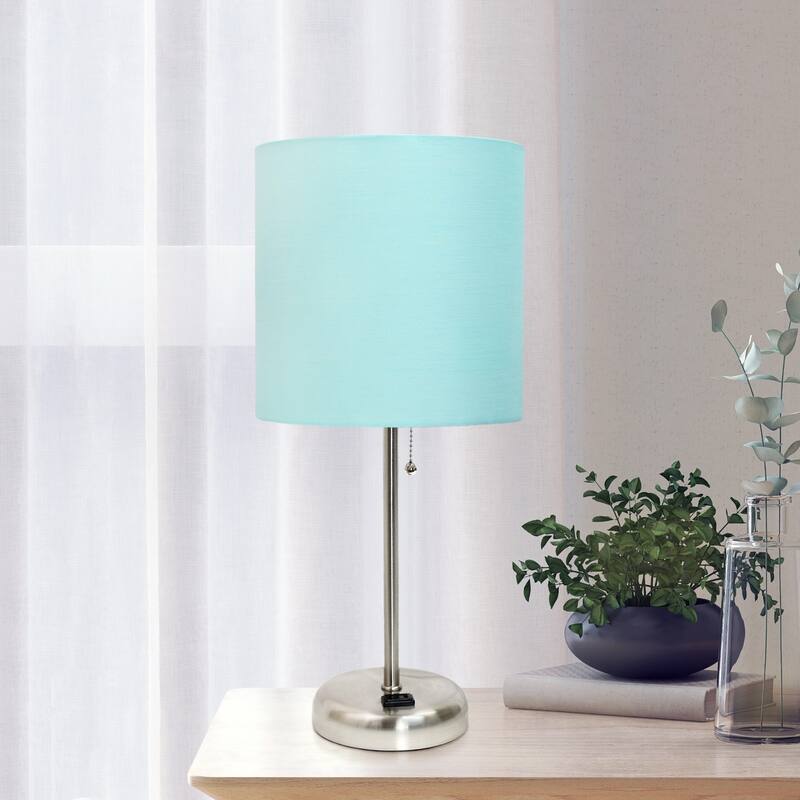 Brushed Steel Bedside Table Desk Lamp with Drum Shade - 19.5" - Silver and Aqua Blue
