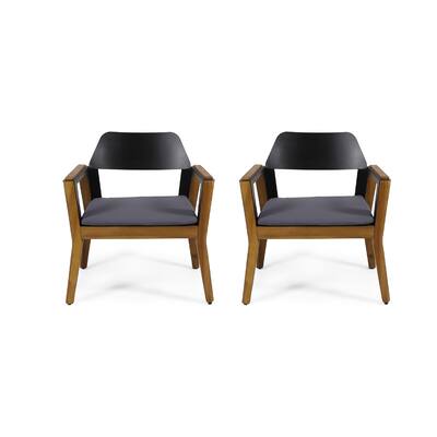 Soyan Outdoor Club Chair Set of 2, Teak Brown Acacia Wood, Blue Fabric