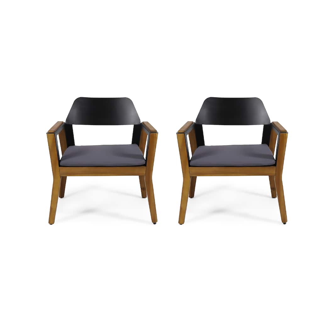Soyan Outdoor Club Chair Set of 2, Teak Brown Acacia Wood, Blue Fabric