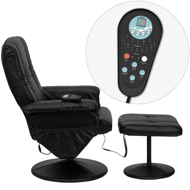 Massaging Multi-Position Recliner &Ottoman w/Wrapped Base in LeatherSoft