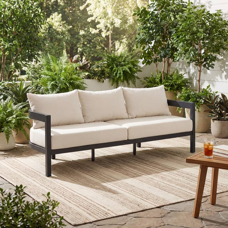 Christopher Knight Home - Modern 75.8" Outdoor Curved Patio 3-Seater Sofa with Aluminum Frame & Water-Resistant Cushions