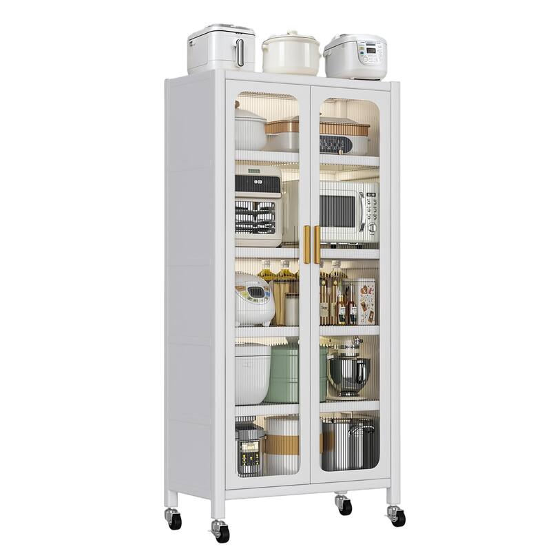 65" Kitchen Pantry Storage Cabinet, 6 Tier Metal Display Storage Cabinet with Transparent Door, Adjustable Shelves & Wheels