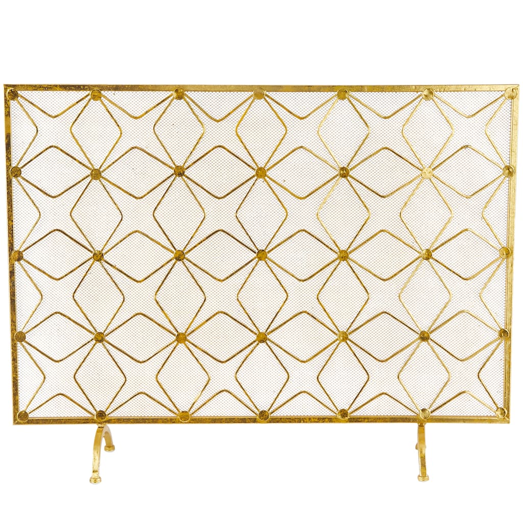 Metal Geometric Star Patterned Single Panel Fireplace Screen with Mesh Netting - Gold - Roche River Décor. - 9"Wx38"Lx28"H