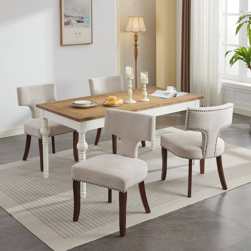 Mid Century Modern Dining Chairs Set of 2, Linen Fabric Upholstered Accent Chair, Kitchen Side Chairs with Curved Backrest