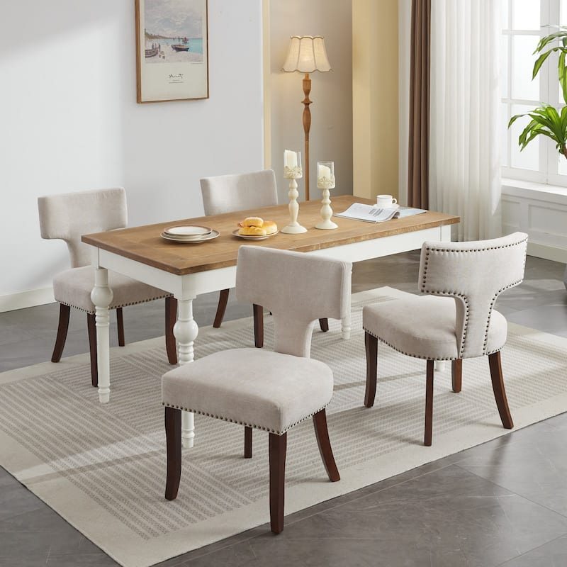 Modern Dining Chairs Set of 2, Linen Fabric Upholstered Accent Chair Curved Backrest Kitchen Chairs with Rubberwood Frame