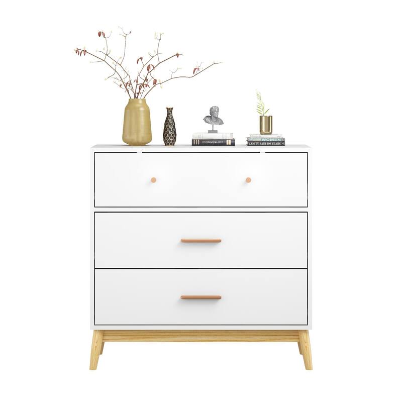 Nordic Style 3-Drawer Storage Cabinet, Modern White Chest of Drawers with Rose Gold Handles & Solid Wood Base