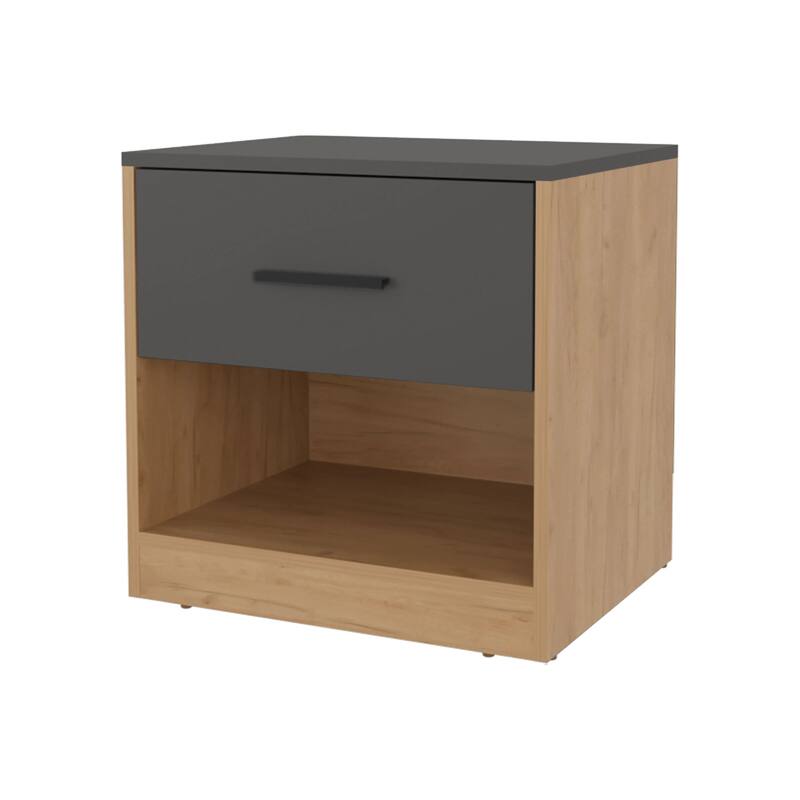 Natural Oak and Matt Grey Nightstand with Drawer and Open Shelf
