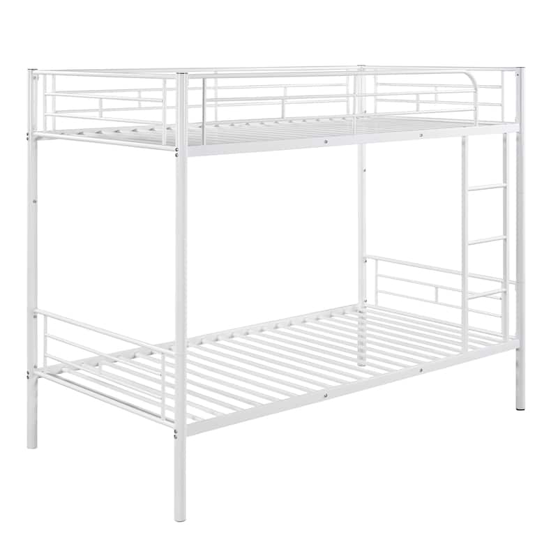 Twin over Twin Size Metal Bunk Bed with Fence and Ladder for Kids, Bedroom