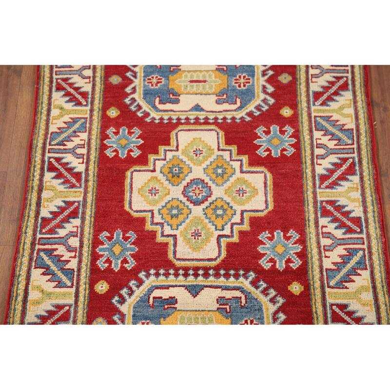 Geometric Kazak Foyer Rug Handmade Red Wool Carpet - 2'7" x 4'3"