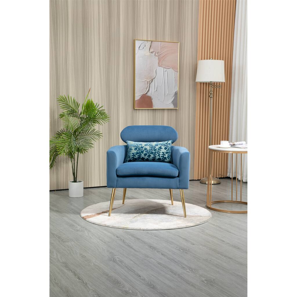 Vintage Accent Chair Neck Support Leisure Single Chair Velvet Thicken Padded Seat Living Room Chair with Metal Golden Feet