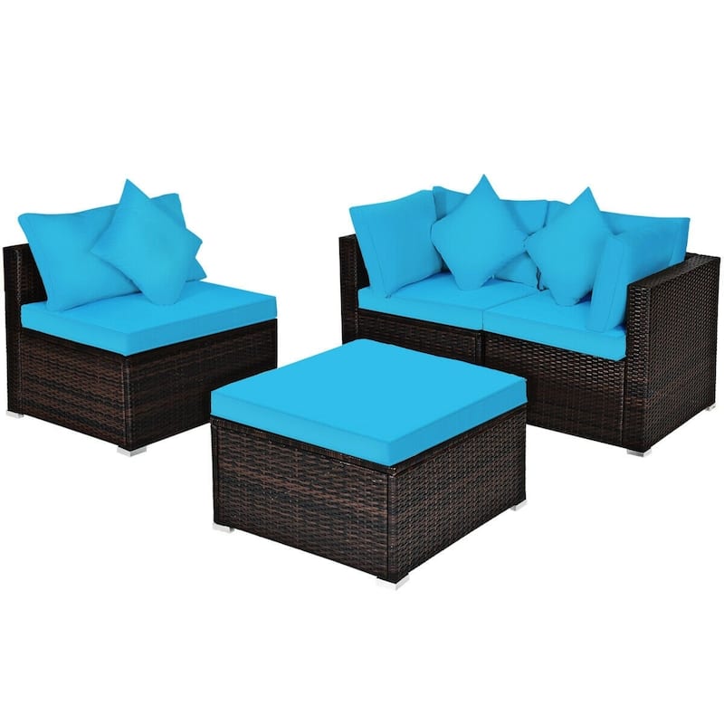4 Pieces Patio Rattan Furniture Set with Removable Cushions and Pillows - Corner Sofa: 29" x 29" x 25" - Turquoise