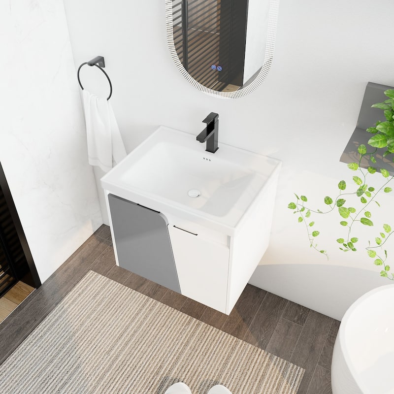 24 inch Wall-Mounted Bathroom Vanity Set in White with Integrated Ceramic Sink - Glossy - Single Vanities - White