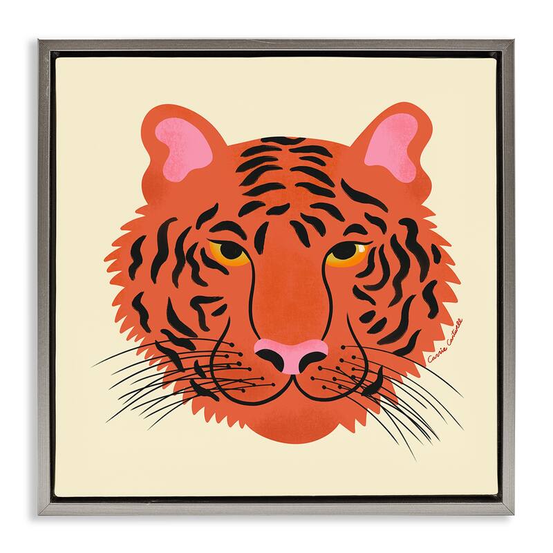Stupell Modern Wild Tiger Face Framed Floater Canvas Wall Art Design By Carrie Cantwell - 18 x 18 - Grey