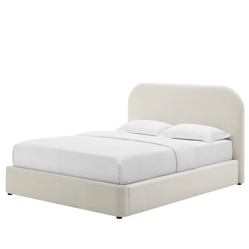 Hillsway Modern Curved Headboard Off-white Velvet Upholstered King Size Platform Bed