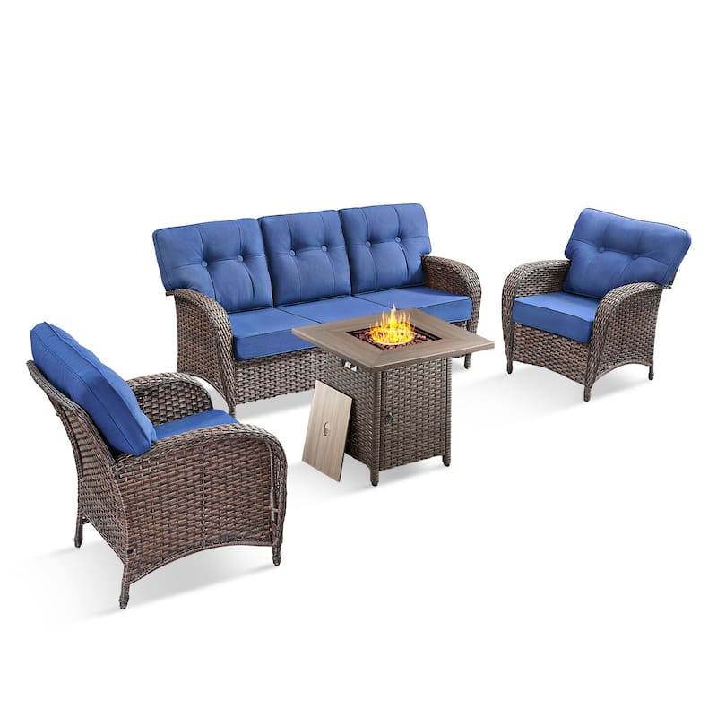 Pocassy Ooutdoor Fire Pit Table with Sofa Patio Chair Set